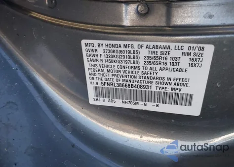 2008 Honda Odyssey Ex-L z USA, uszkodzony, nr VIN 5FNRL38668B408931